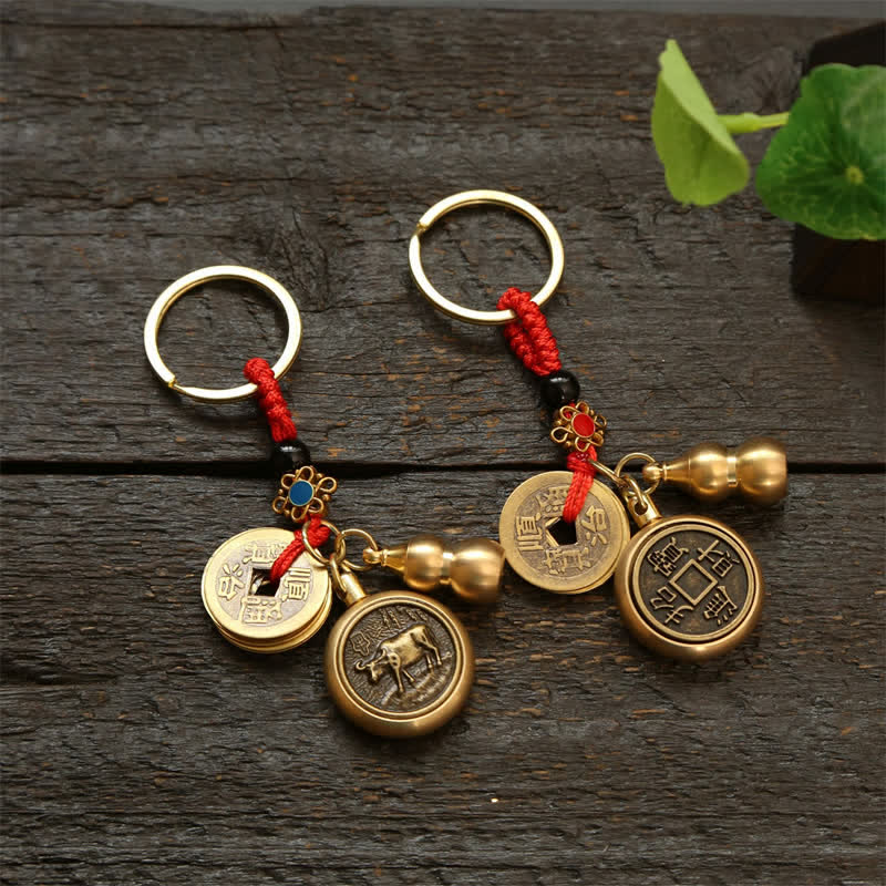 Copper Chinese Zodiac Five Emperor Coins Red String Wealth Keychains