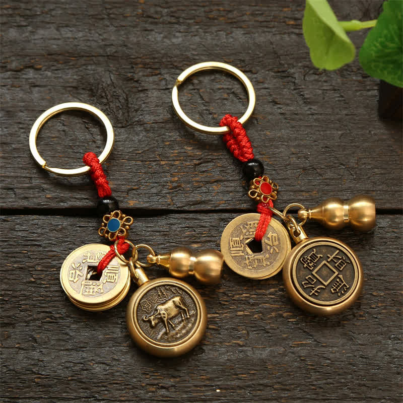Copper Chinese Zodiac Five Emperor Coins Red String Wealth Keychains