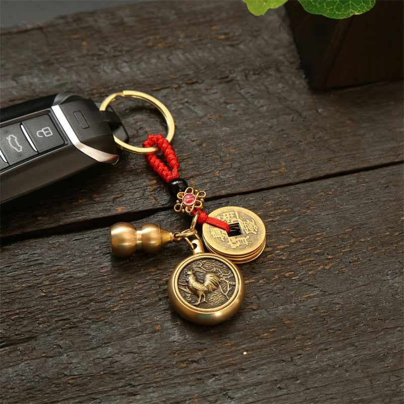 Copper Chinese Zodiac Five Emperor Coins Red String Wealth Keychains