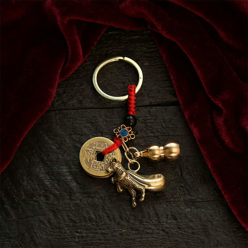 Copper Chinese Zodiac Five Emperor Coins Gourd Wealth Keychains