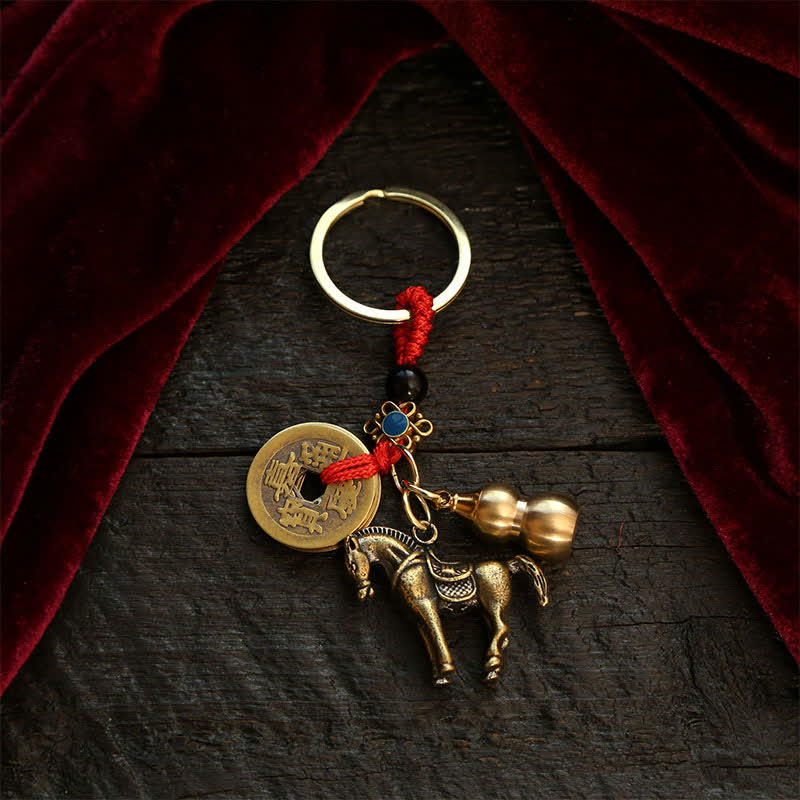 Copper Chinese Zodiac Five Emperor Coins Gourd Wealth Keychains