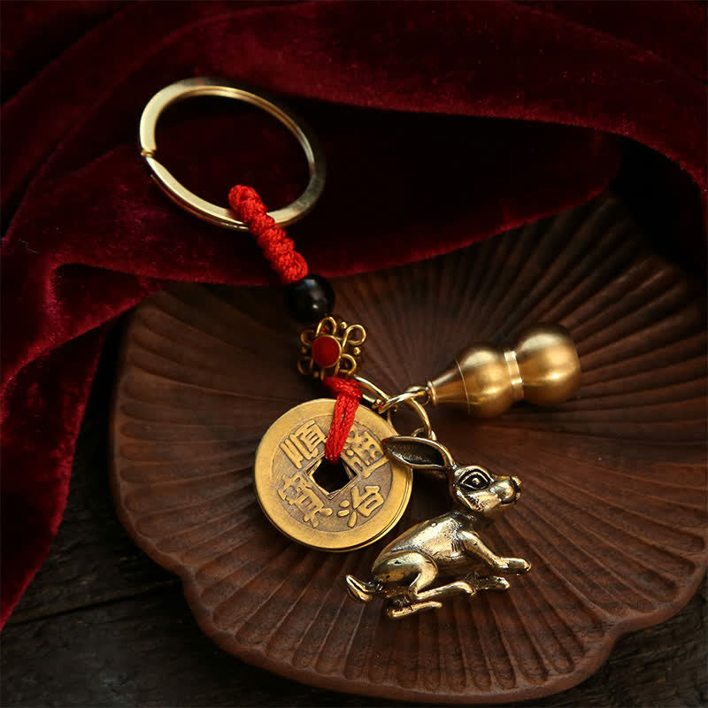 Copper Chinese Zodiac Five Emperor Coins Gourd Wealth Keychains