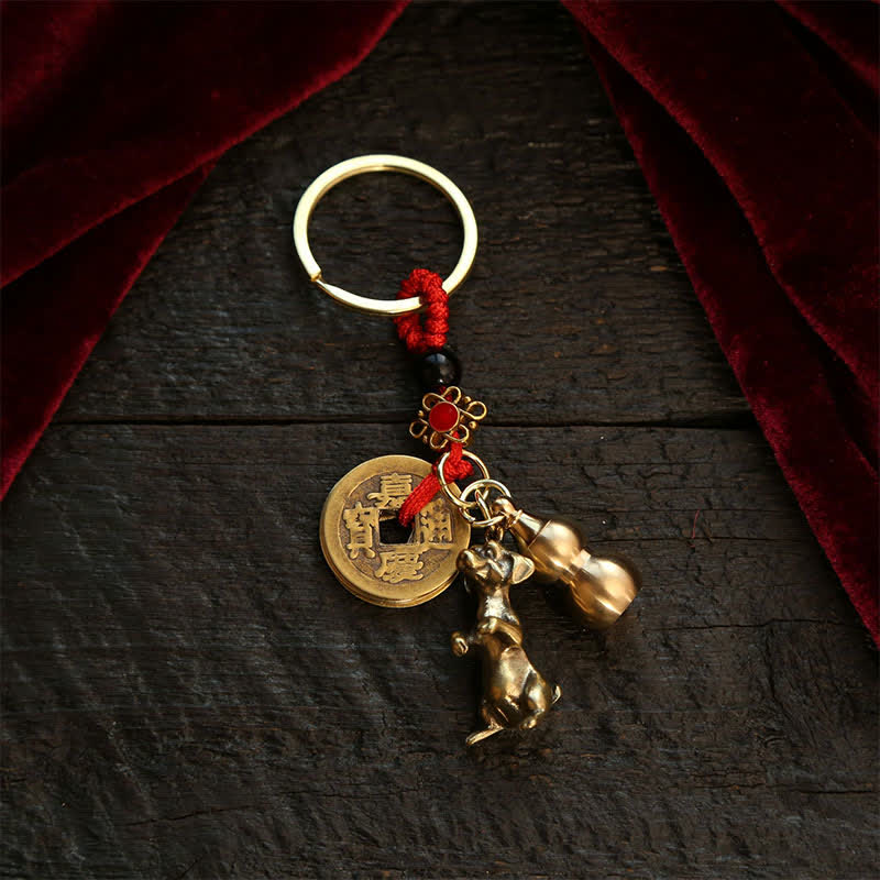 Copper Chinese Zodiac Five Emperor Coins Gourd Wealth Keychains