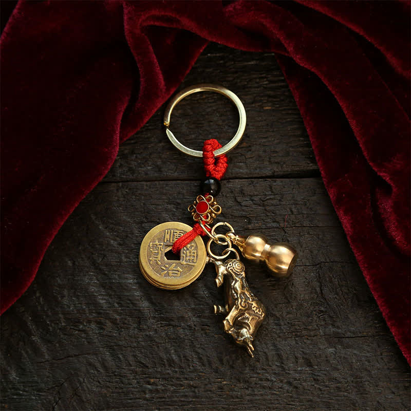 Copper Chinese Zodiac Five Emperor Coins Gourd Wealth Keychains