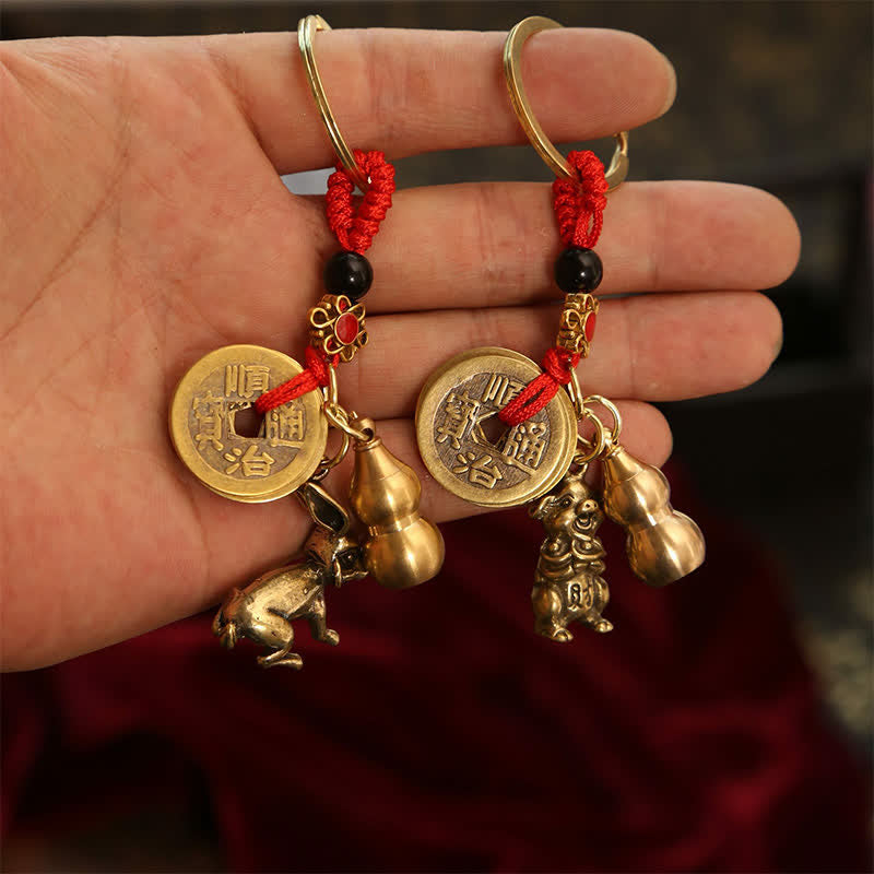 Copper Chinese Zodiac Five Emperor Coins Gourd Wealth Keychains