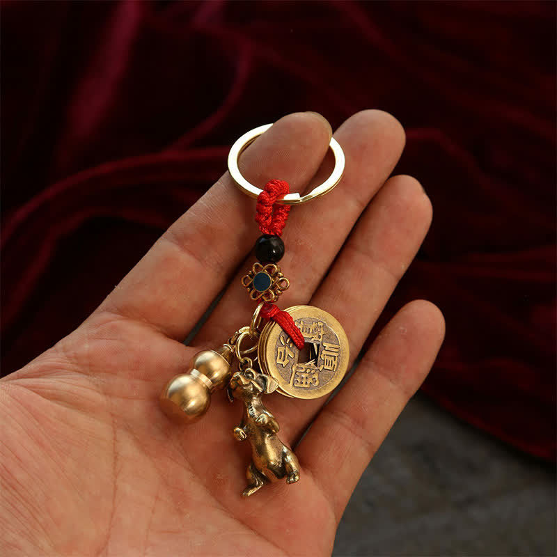 Copper Chinese Zodiac Five Emperor Coins Gourd Wealth Keychains