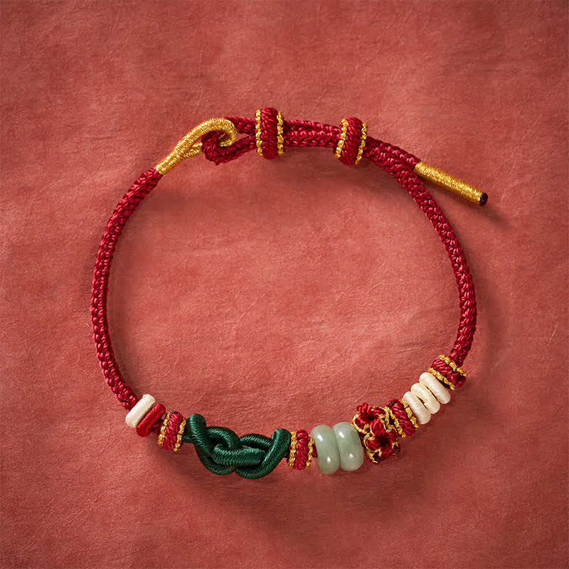 Handmade Braided Ruyi Peach Blossoms Knot Jade Luck Adjustable Bracelet