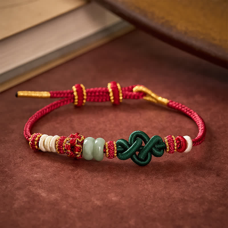 Handmade Braided Ruyi Peach Blossoms Knot Jade Luck Adjustable Bracelet