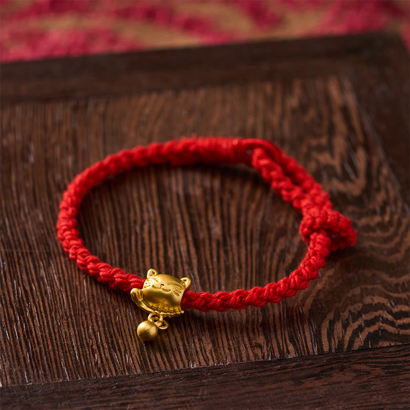 Tibetan Red String Copper Lucky Cat Drop Ball Pendant Hand-Woven Protection Bracelet