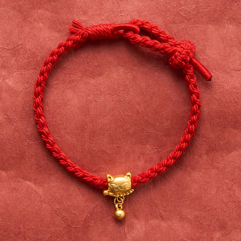 Tibetan Red String Copper Lucky Cat Drop Ball Pendant Hand-Woven Protection Bracelet
