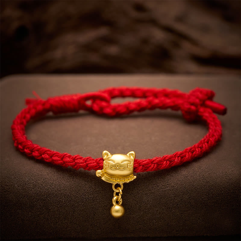 Tibetan Red String Copper Lucky Cat Drop Ball Pendant Hand-Woven Protection Bracelet