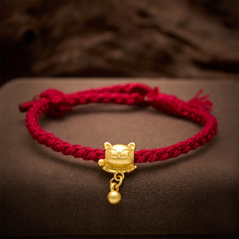 Tibetan Red String Copper Lucky Cat Drop Ball Pendant Hand-Woven Protection Bracelet