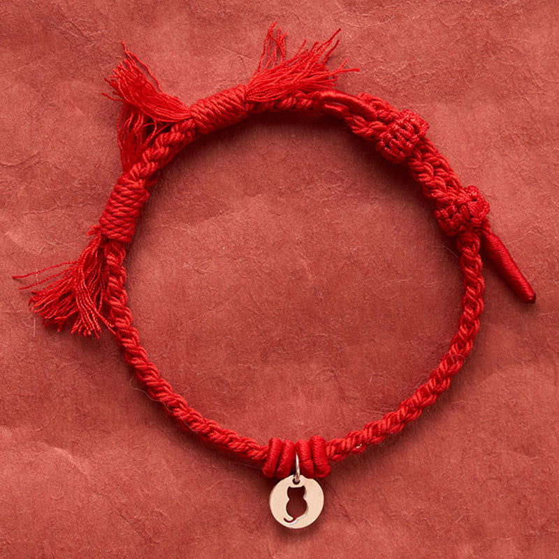 925 Sterling Silver Red String Protection Cat Round Hollow Design Charm Bracelet