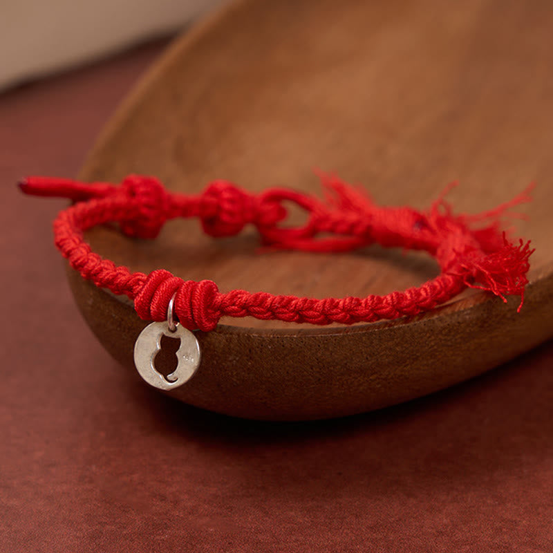 925 Sterling Silver Red String Protection Cat Round Hollow Design Charm Bracelet