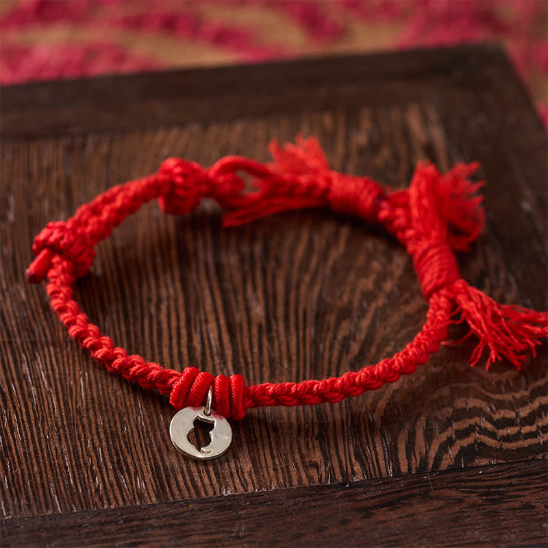 925 Sterling Silver Red String Protection Cat Round Hollow Design Charm Bracelet