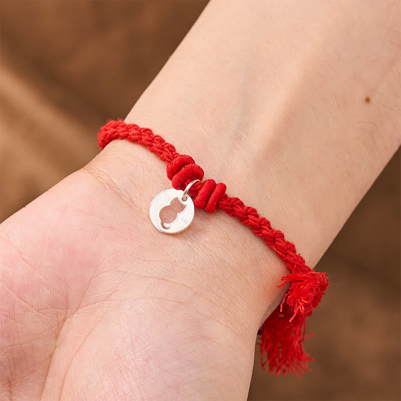 925 Sterling Silver Red String Protection Cat Round Hollow Design Charm Bracelet