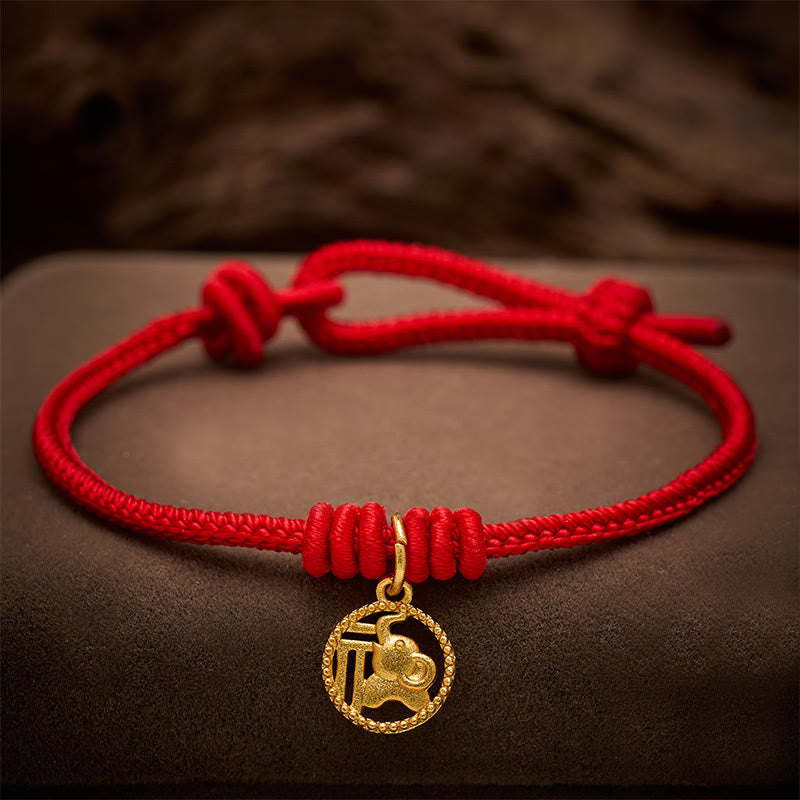 Elephant Fu Character Gold Plated Copper Red String Wealth Bracelet