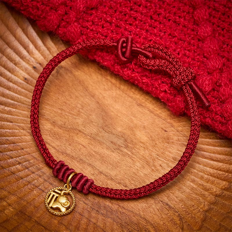 Elephant Fu Character Gold Plated Copper Red String Wealth Bracelet