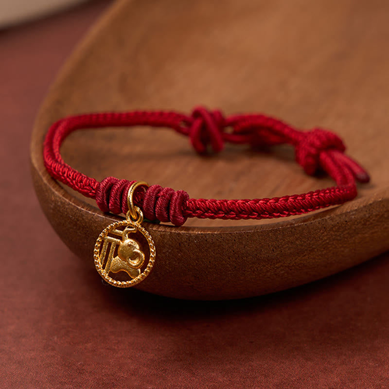 Elephant Fu Character Gold Plated Copper Red String Wealth Bracelet