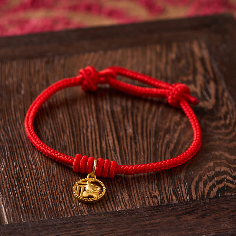 Elephant Fu Character Gold Plated Copper Red String Wealth Bracelet