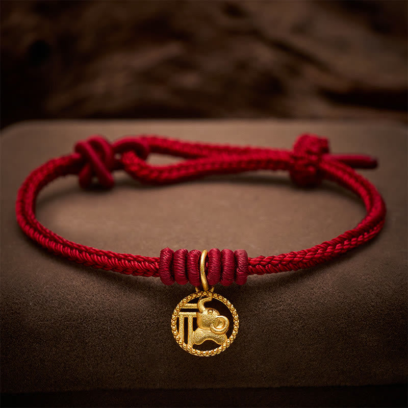 Elephant Fu Character Gold Plated Copper Red String Wealth Bracelet