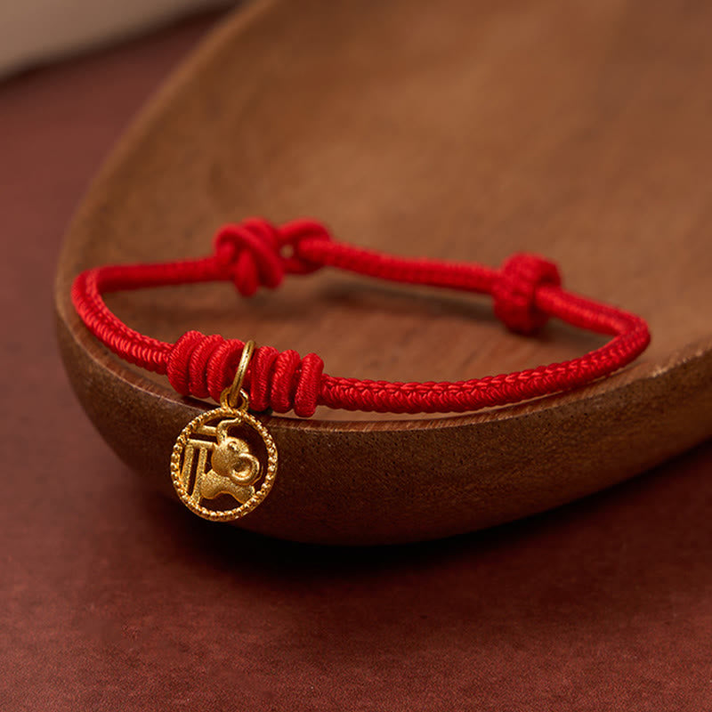 Elephant Fu Character Gold Plated Copper Red String Wealth Bracelet