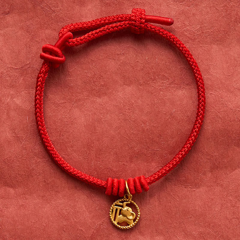 Elephant Fu Character Gold Plated Copper Red String Wealth Bracelet