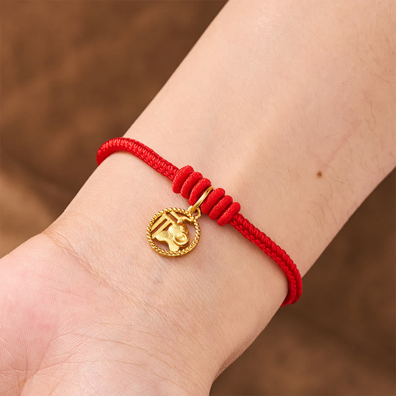 Elephant Fu Character Gold Plated Copper Red String Wealth Bracelet