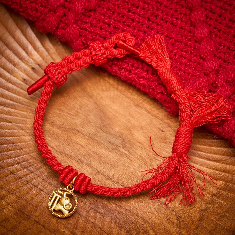 Elephant Fu Character Gold Plated Copper Red String Balance Tibet Bracelet