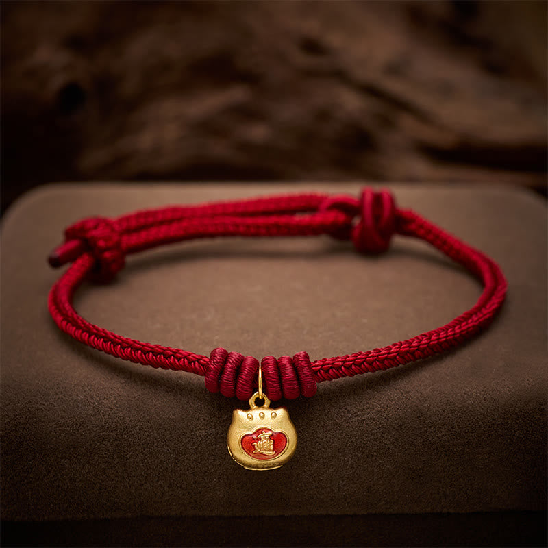 Gold Plated 925 Sterling Silver Cat Red String Protection Bracelet