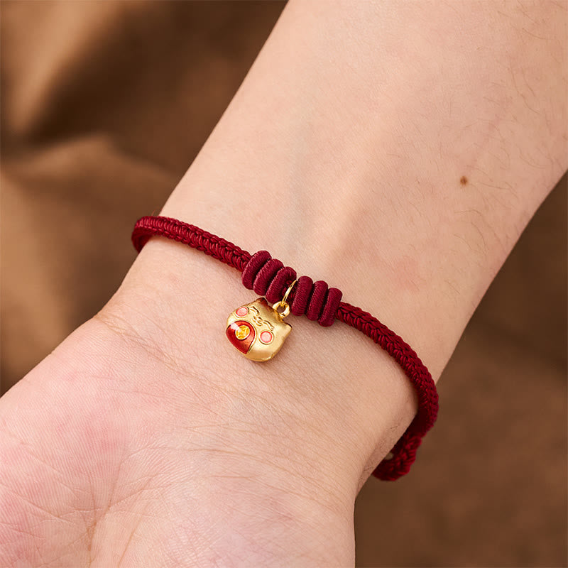 Gold Plated 925 Sterling Silver Cat Red String Protection Bracelet