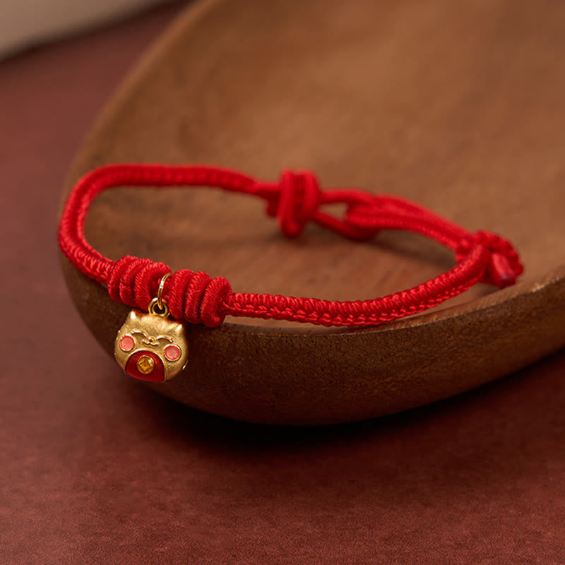 Gold Plated 925 Sterling Silver Cat Red String Protection Bracelet