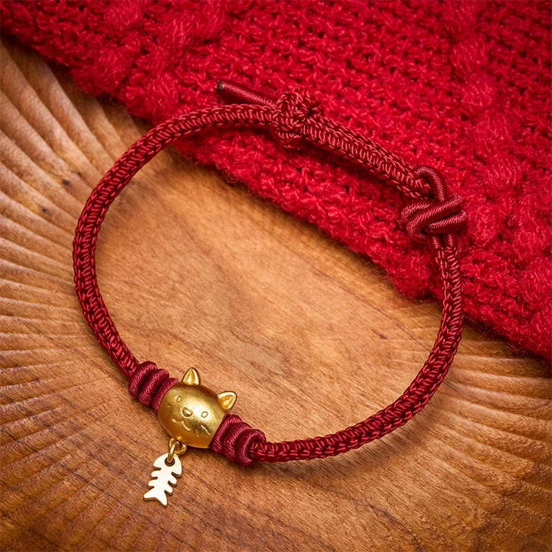 Copper Cute Cat Fish Red String Bracelet