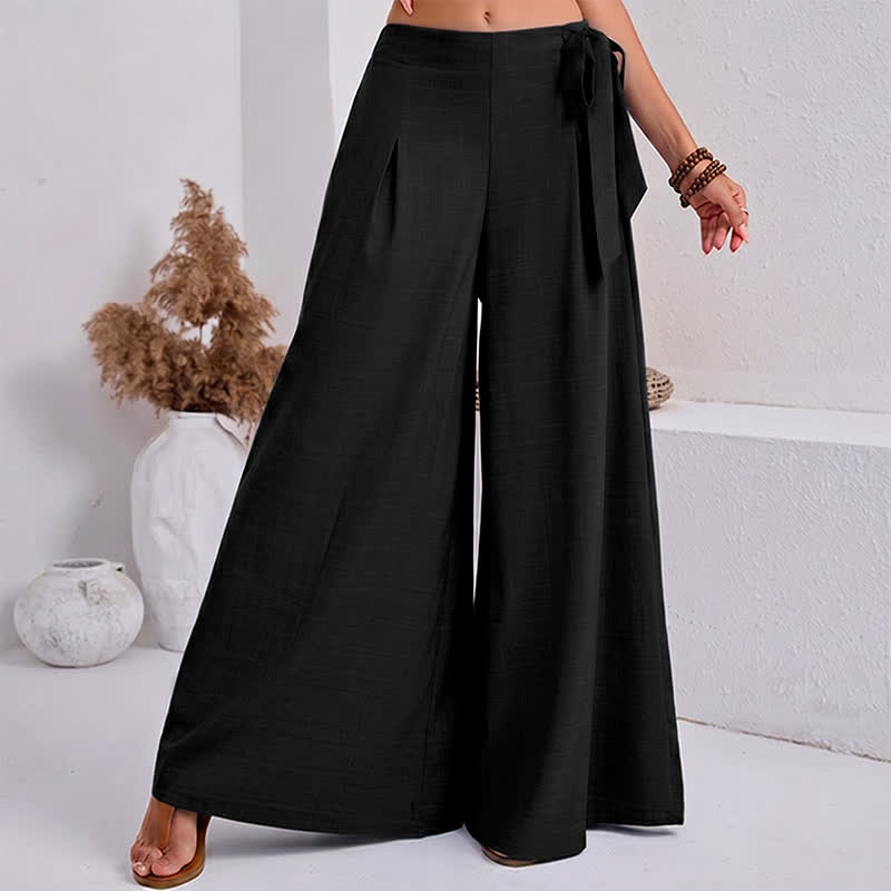 Spring Casual Retro Plain Drawstring Women's Wide Leg Pants With Pockets