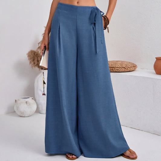 Spring Casual Retro Plain Drawstring Women's Wide Leg Pants With Pockets