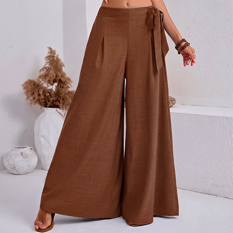 Spring Casual Retro Plain Drawstring Women's Wide Leg Pants With Pockets