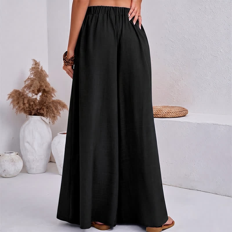 Spring Casual Retro Plain Drawstring Women's Wide Leg Pants With Pockets