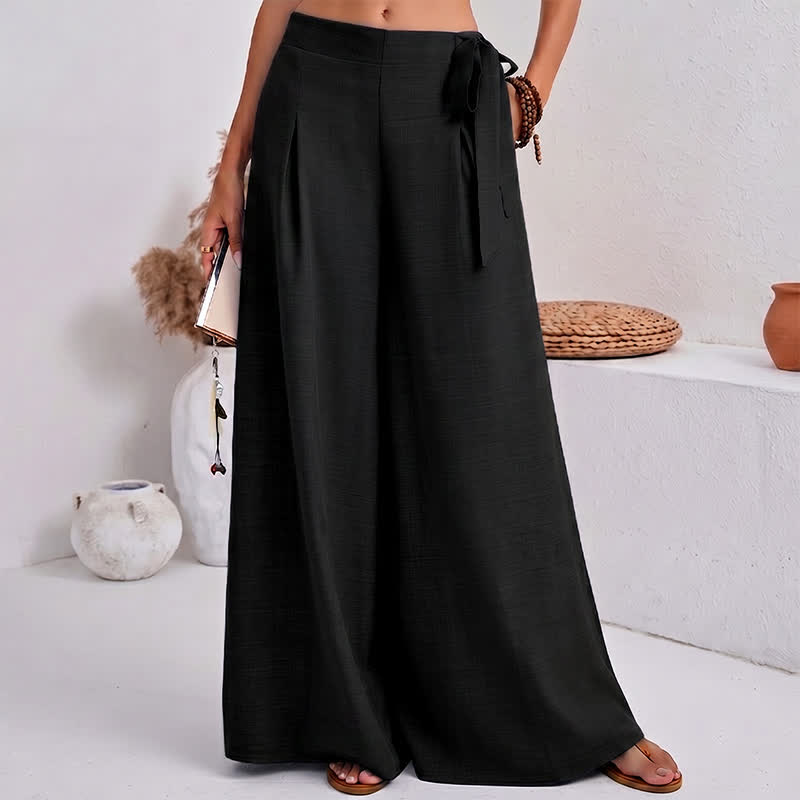 Spring Casual Retro Plain Drawstring Women's Wide Leg Pants With Pockets