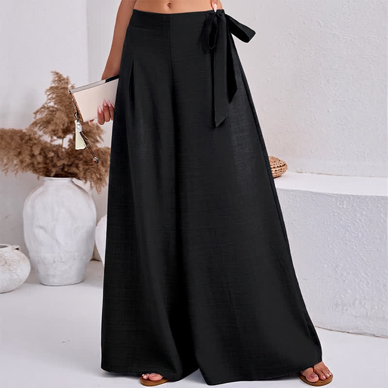 Spring Casual Retro Plain Drawstring Women's Wide Leg Pants With Pockets