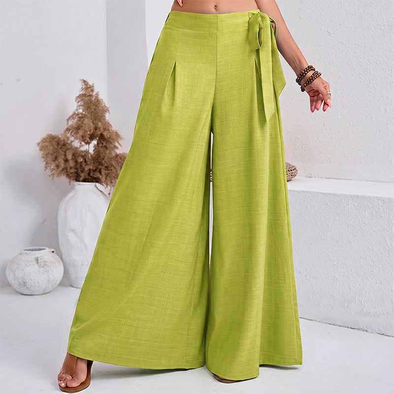 Spring Casual Retro Plain Drawstring Women's Wide Leg Pants With Pockets