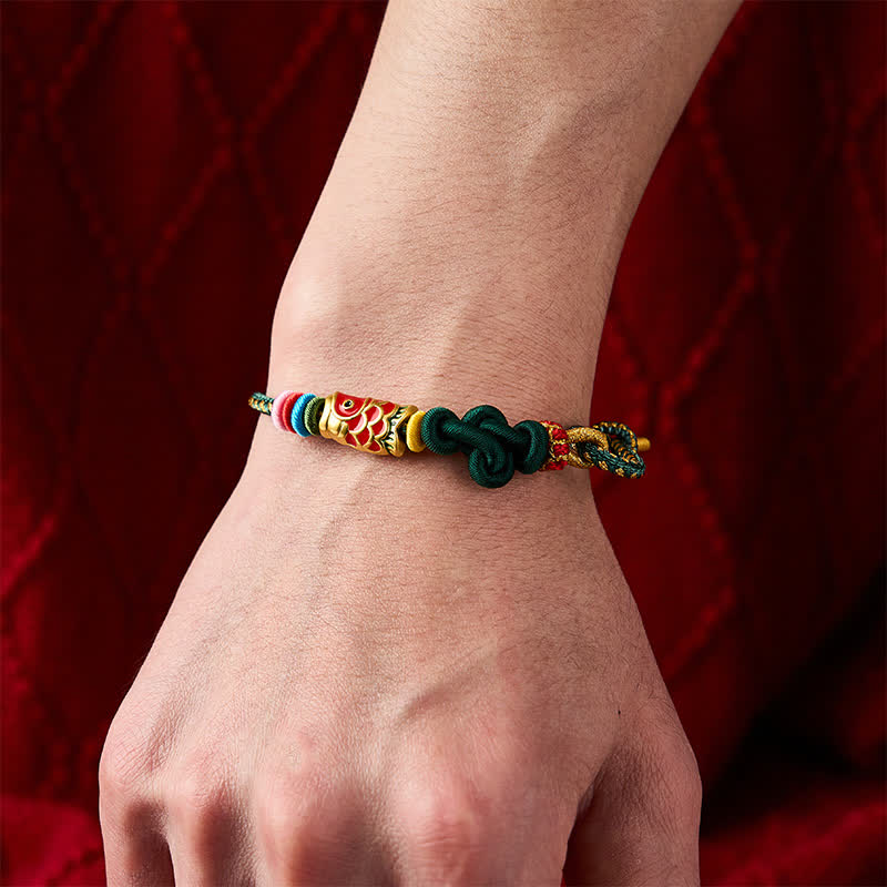 Hand-Woven Dark Green Yellow String Red Koi Fish Protection Bracelet