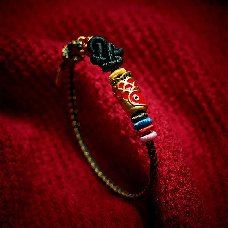 Hand-Woven Dark Green Yellow String Red Koi Fish Protection Bracelet