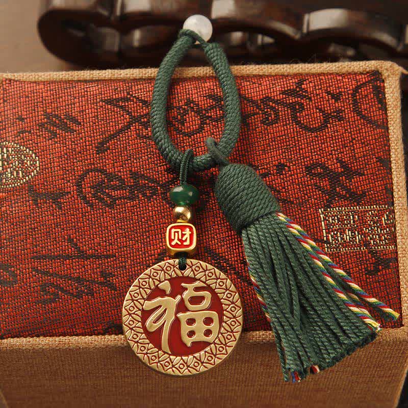 Brass Hand-Woven Red String Fu Character Blessing Tassel Keychains