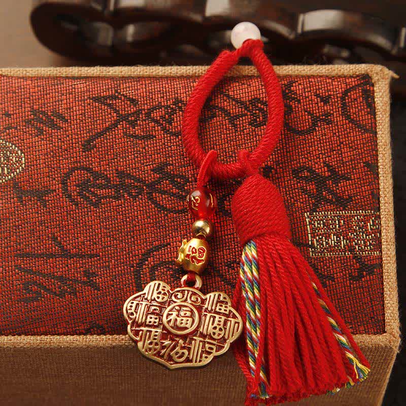 Brass Hand-Woven Red String Fu Character Blessing Tassel Keychains