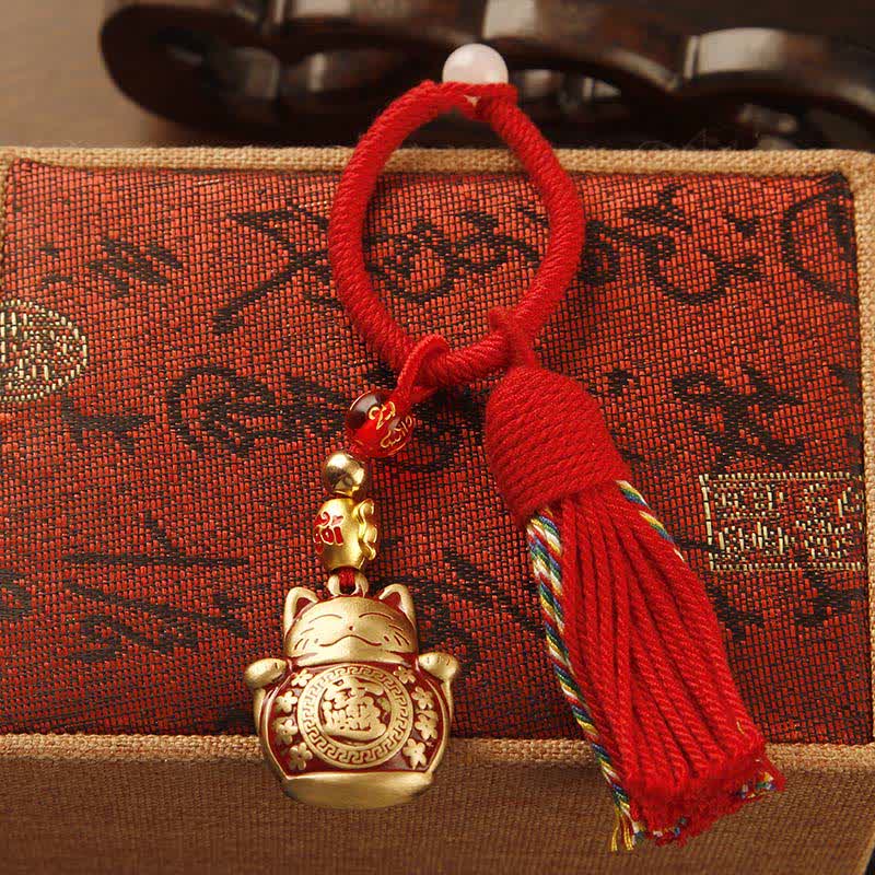 Brass Hand-Woven Red String Fu Character Blessing Tassel Keychains