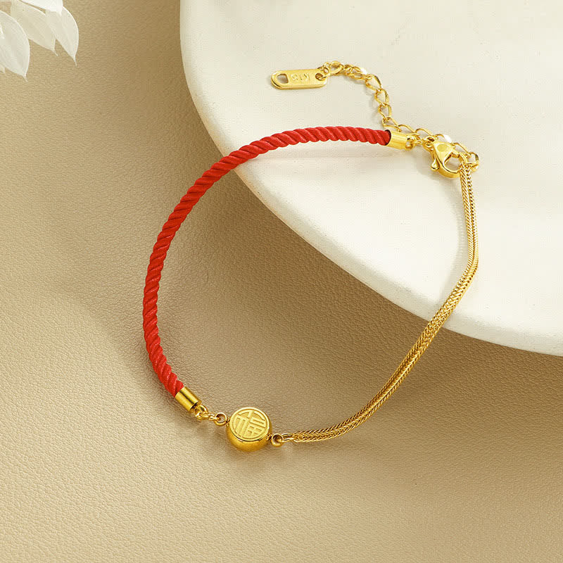 Titanium Steel Fu Character Red String Blessing Braided Anklet