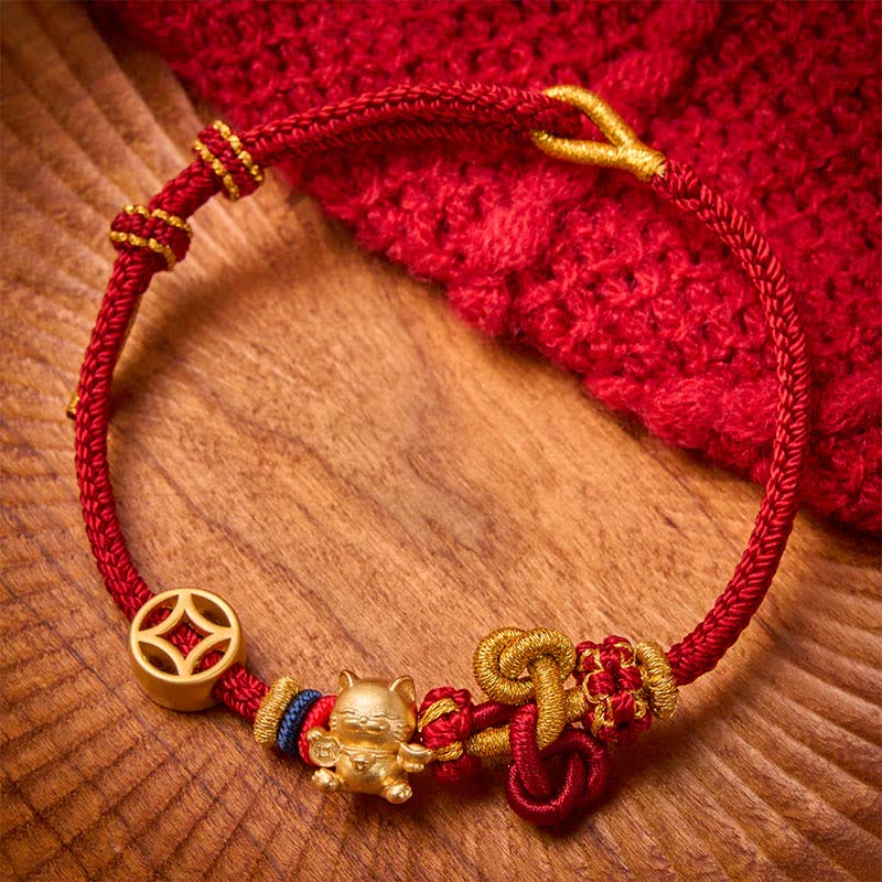 Golden Lucky Cat Red String Protection Braided Bracelet