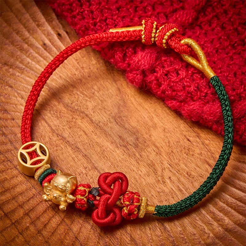 Golden Lucky Cat Red String Protection Braided Bracelet