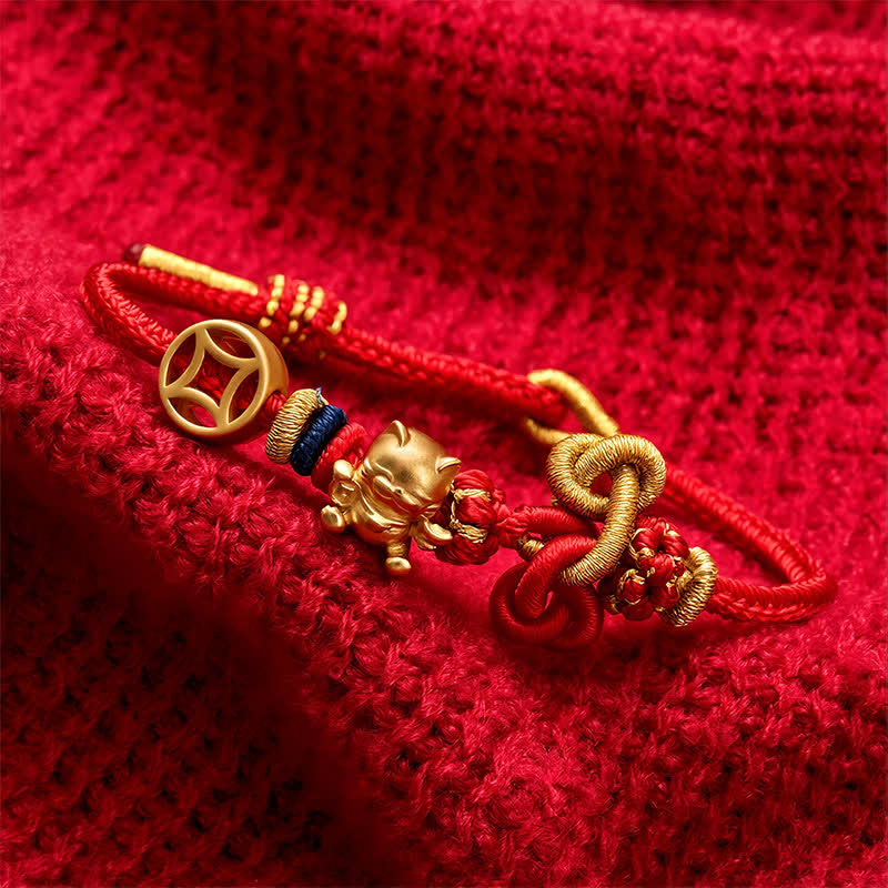 Golden Lucky Cat Red String Protection Braided Bracelet