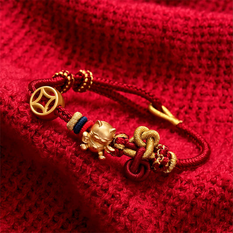 Golden Lucky Cat Red String Protection Braided Bracelet